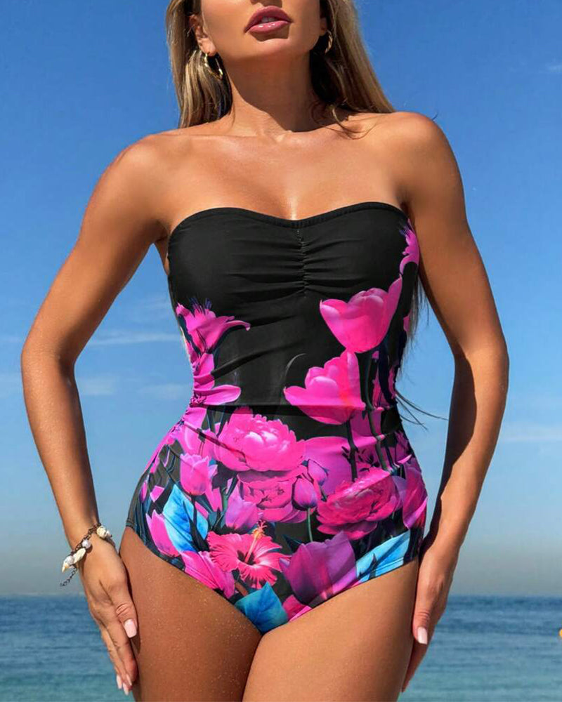 Badpak Bandeau Bloemenprint Éénstuk