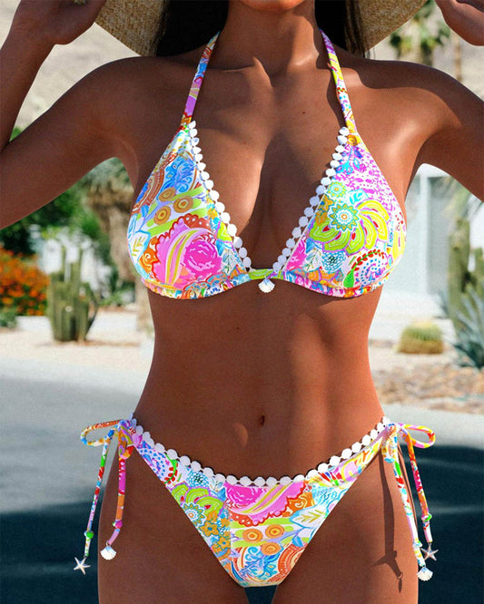 Kleurrijk bedrukte patchwork kanten halter bikini
