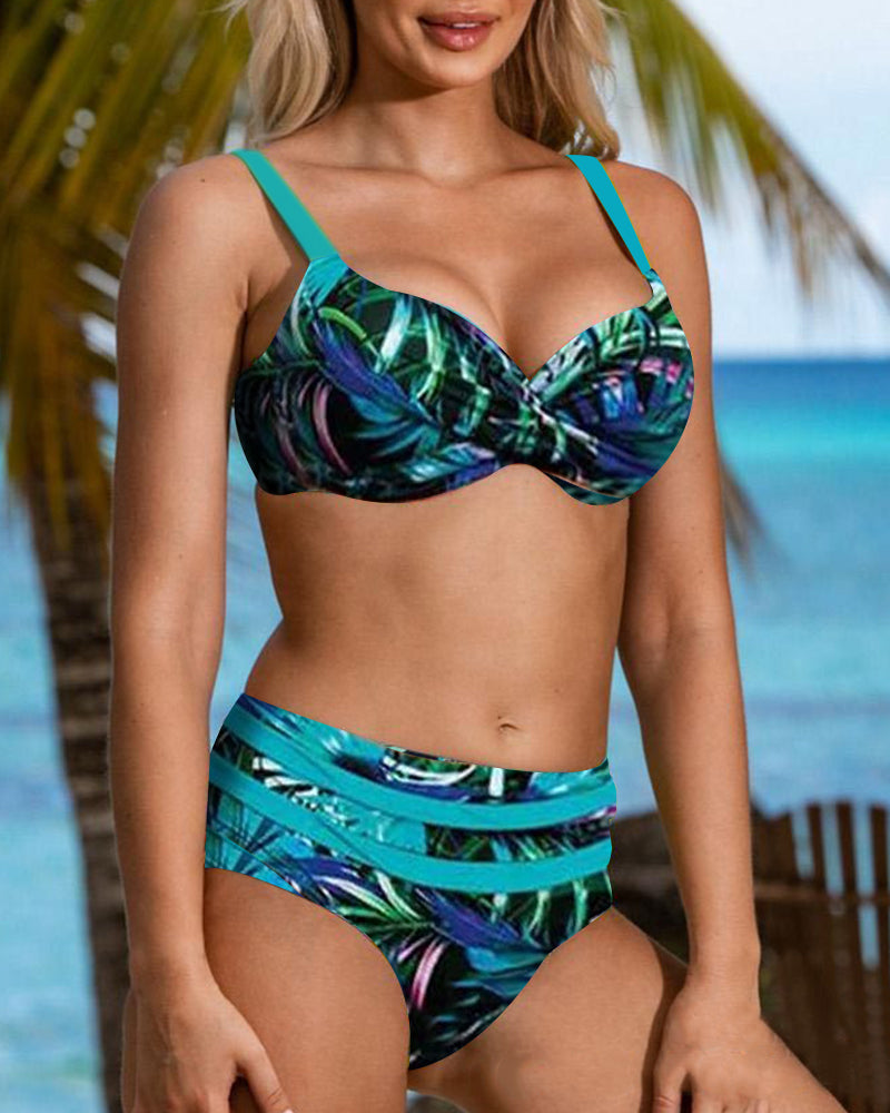 Hoge taille bikini met bladprint