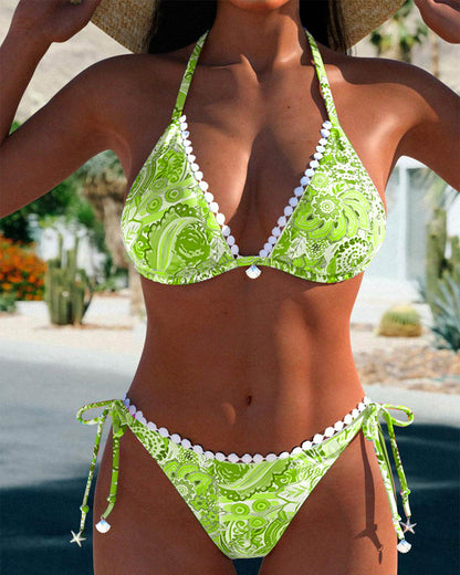 Kleurrijk bedrukte patchwork kanten halter bikini