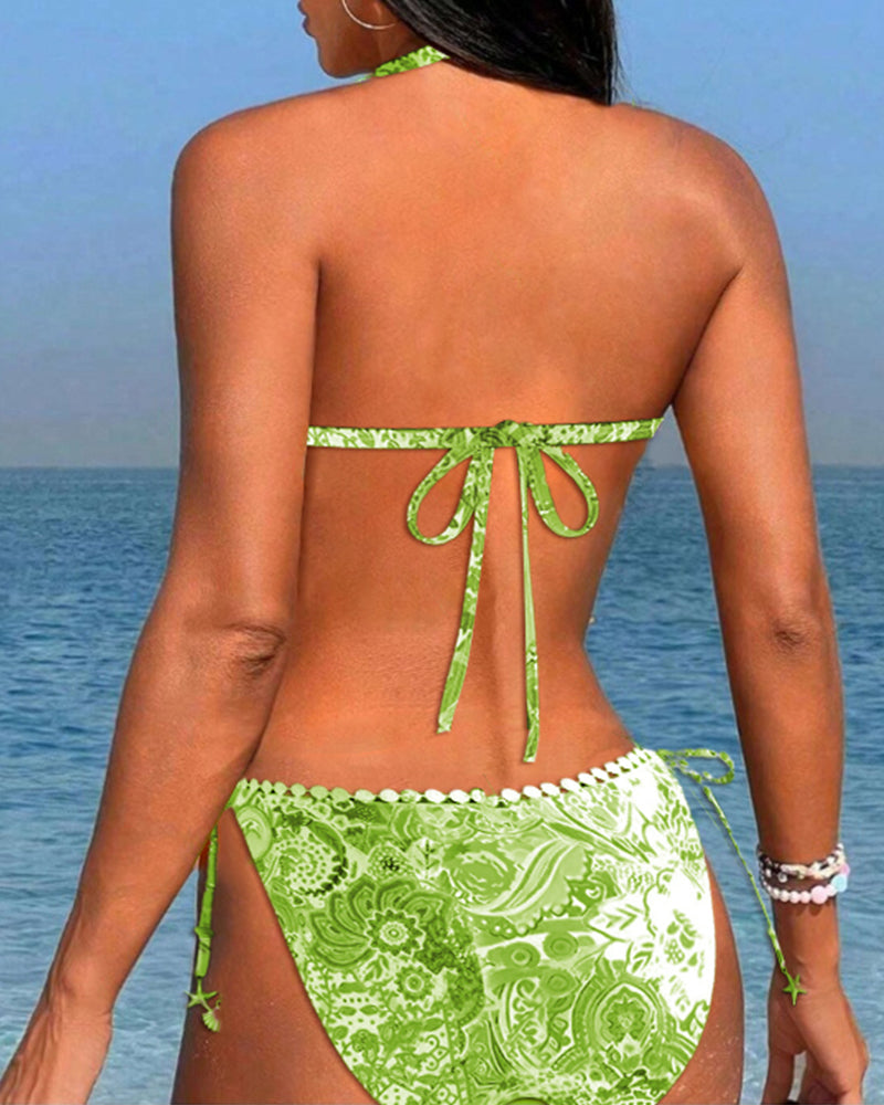 Kleurrijk bedrukte patchwork kanten halter bikini