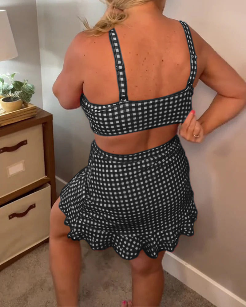 Badpak casual bandjes geruite print tweedelig