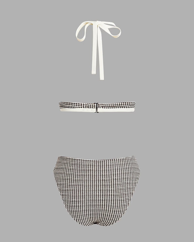 Badpak Deep V Ruit Contrastkleur Tweedelig