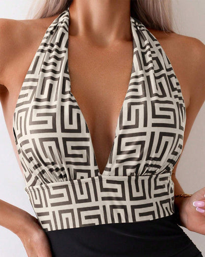 Badpak Bedrukt Contrast Halternek Eén Stuk