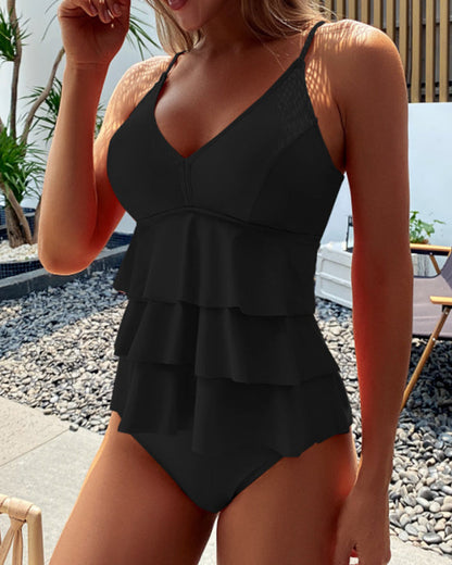 Gesplitste tankini met ruches in effen kleur