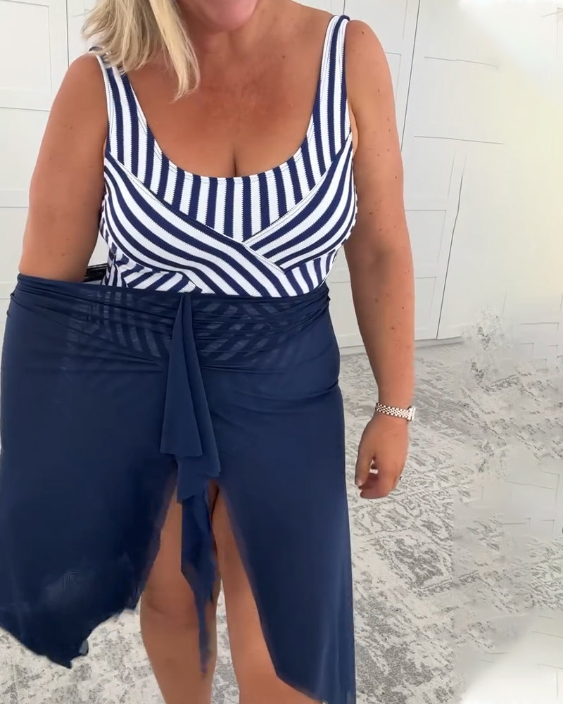 Set U-Hals Gestreept Eendelig Zwemkleding