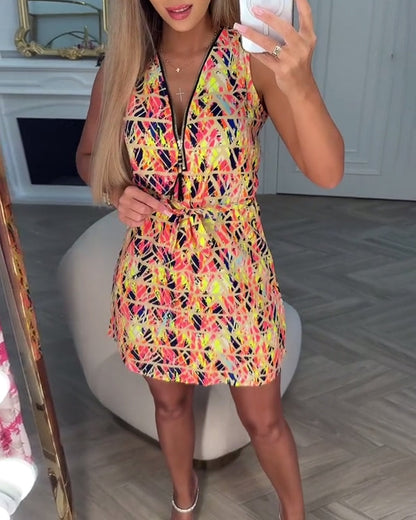 Jurk Halve Rits Mouwloos Bloem