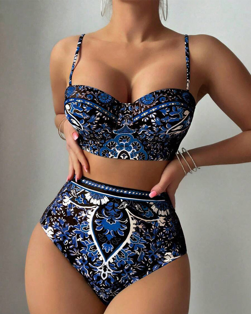 Badpak Hoge Taille Retro Print Tweedelig