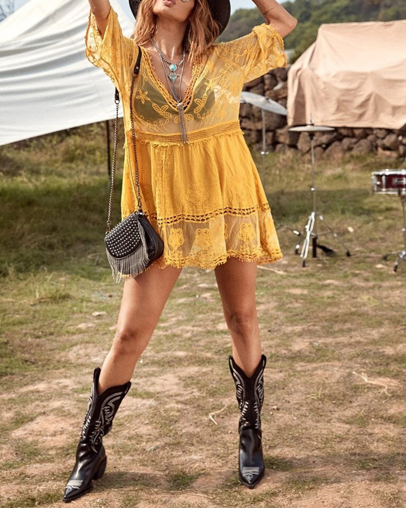 Smock V-Hals Kant Geborduurd