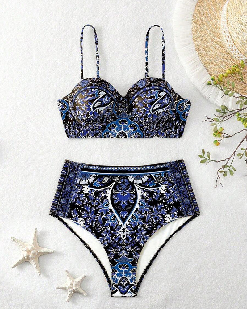 Badpak Hoge Taille Retro Print Tweedelig