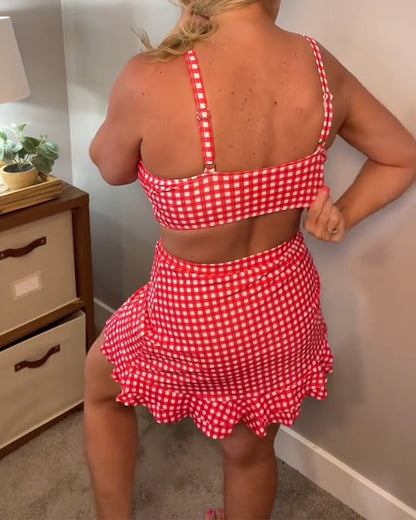 Badpak casual bandjes geruite print tweedelig