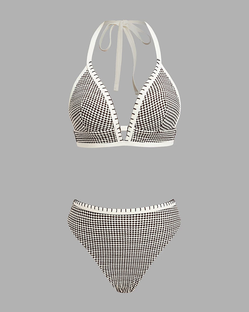 Badpak Deep V Ruit Contrastkleur Tweedelig