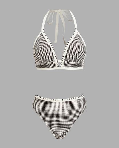 Badpak Deep V Ruit Contrastkleur Tweedelig