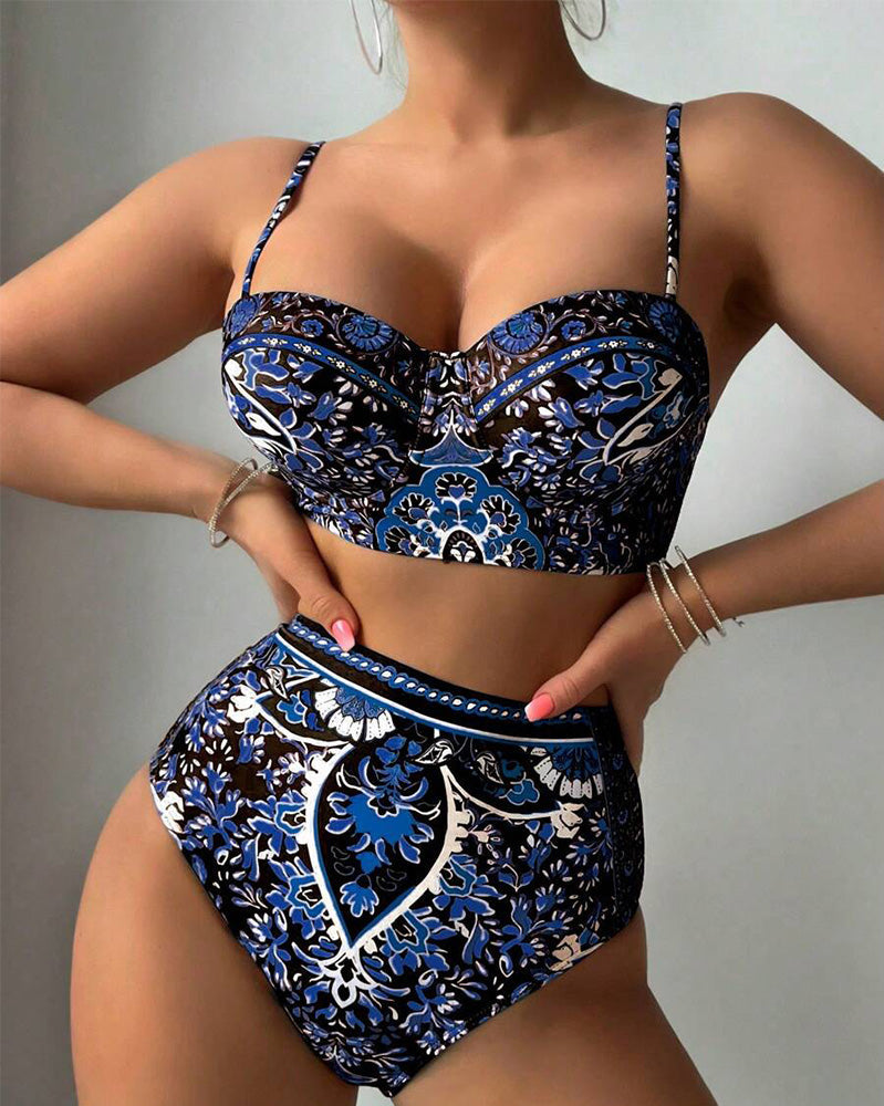 Badpak Hoge Taille Retro Print Tweedelig