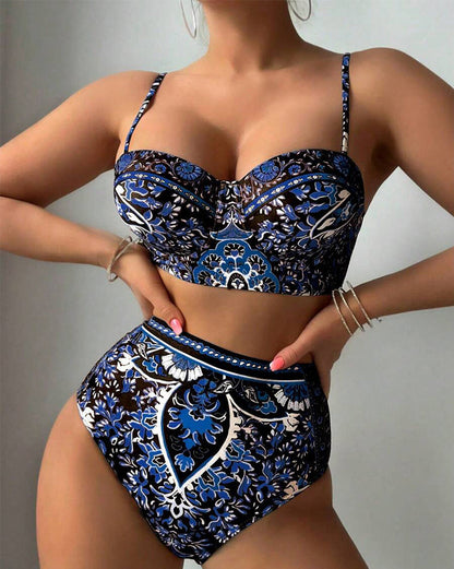 Badpak Hoge Taille Retro Print Tweedelig