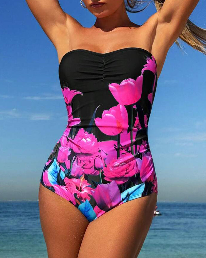 Badpak Bandeau Bloemenprint Éénstuk