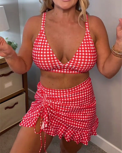 Badpak casual bandjes geruite print tweedelig