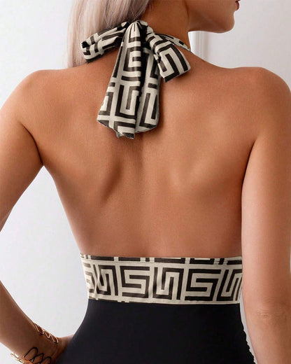 Badpak Bedrukt Contrast Halternek Eén Stuk